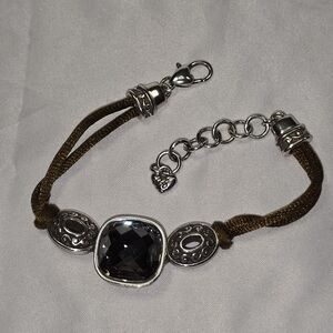 Brighton Bracelet Silver Tone Brown Cord Band Square Faceted Stone Charm Jewelry